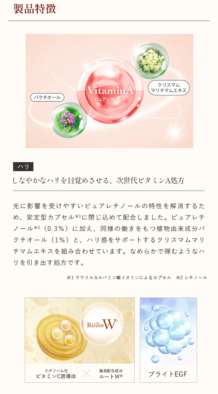 ピュアレチノール、バクチオール、クリスマムマリチマムエキスによるハリケア