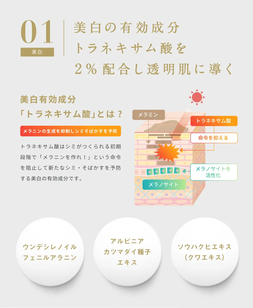 トラネキサム酸を2％配合し透明肌に導く美白有効成分の説明とメラニン生成を抑える仕組み